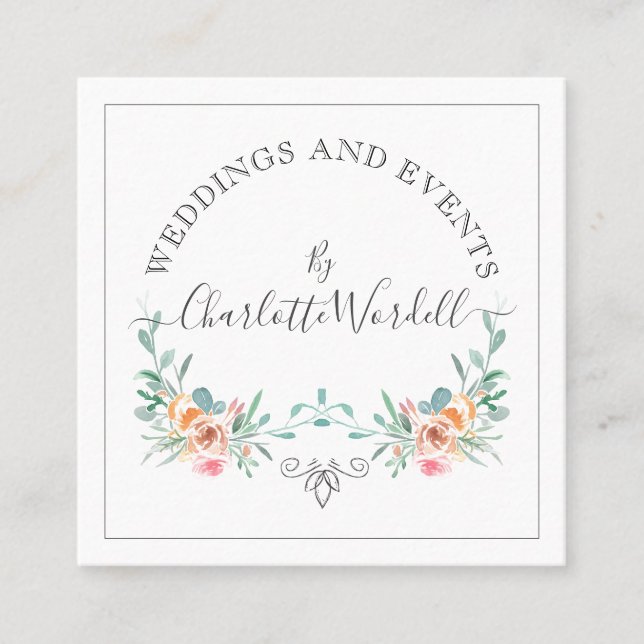 Carte De Visite Carré Logo de script Floral du planificateur d'événement (Devant)