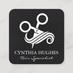 Carte De Visite Carré Logo des ciseaux pour cheveux Cuir noir