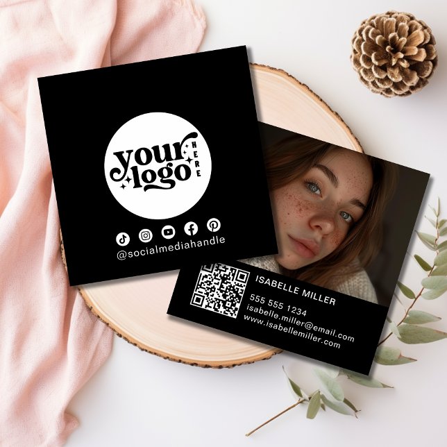 Carte De Visite Carré Logo des médias sociaux modernes Photo Code QR (Modern Social Media Logo Photo QR code Square Business Card)