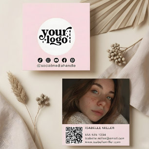 Carte De Visite Carré Logo des médias sociaux modernes Photo QR Pink