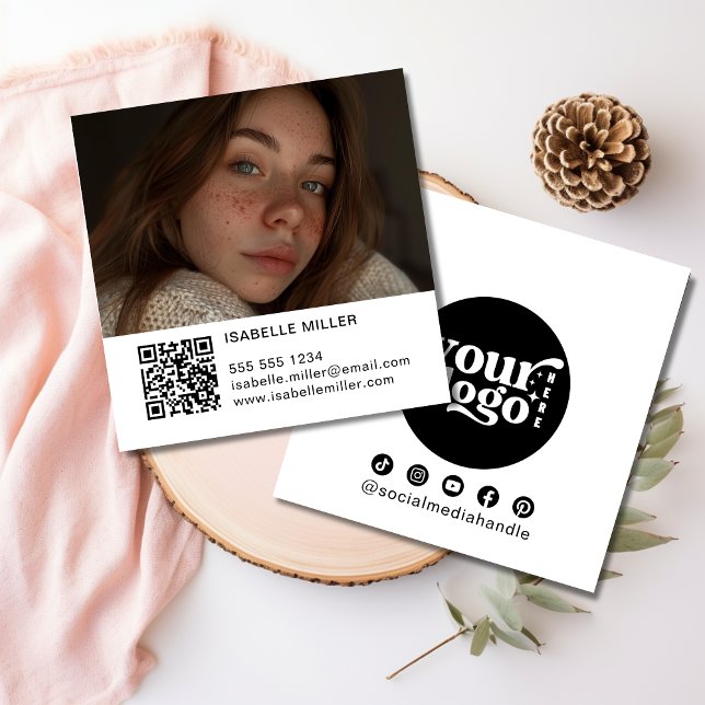 Carte De Visite Carré Logo des médias sociaux modernes Photo QR White (Créateur téléchargé)