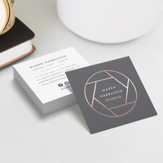 Carte De Visite Carré Logo du photographe moderne Faux Rose Gold (Créateur téléchargé)