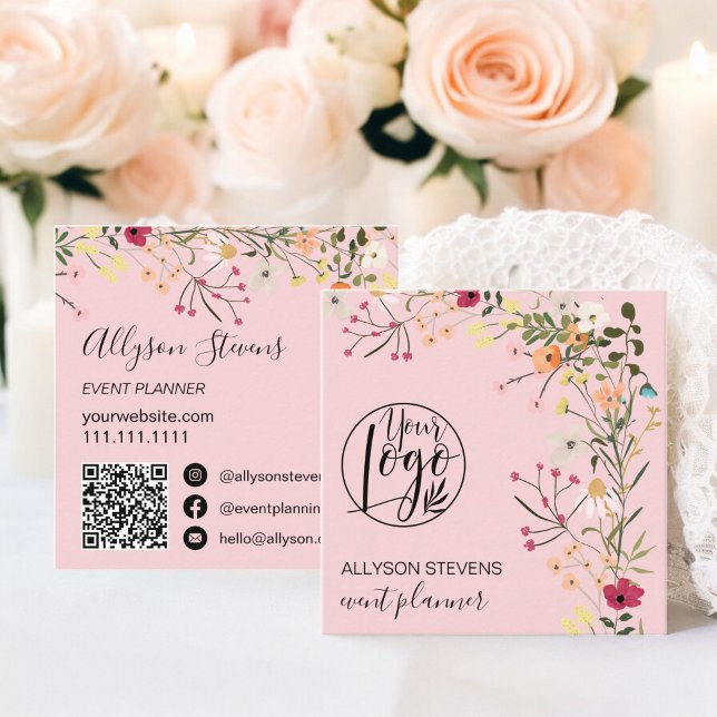 Carte De Visite Carré Logo du planificateur d'événements floraux Boho ro (Pink Boho floral event planner logo qr code Square Business Card)