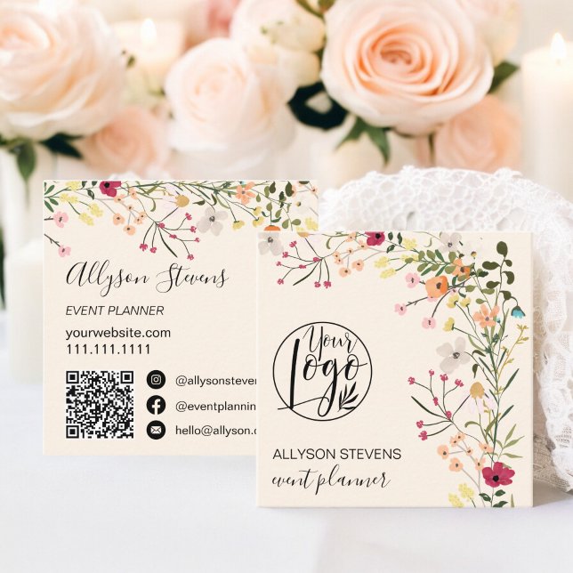Carte De Visite Carré Logo du planificateur d'événements floraux Boho te (Trendy Boho floral event planner logo qr code Square Business Card)