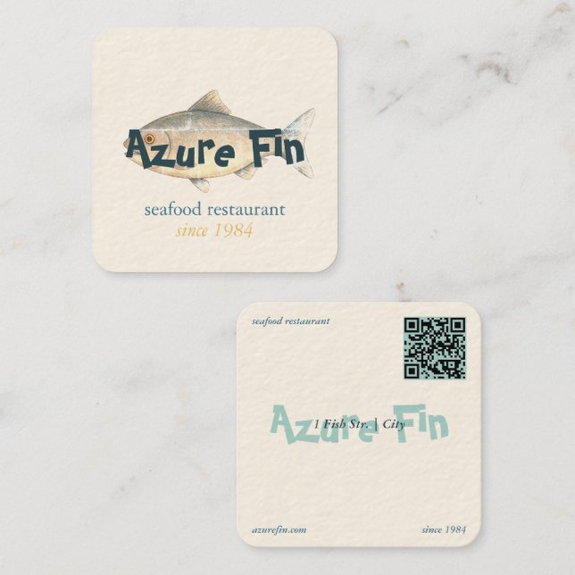 Carte De Visite Carré Logo du restaurant de poisson Azure Fin élégant (Devant / Derrière)