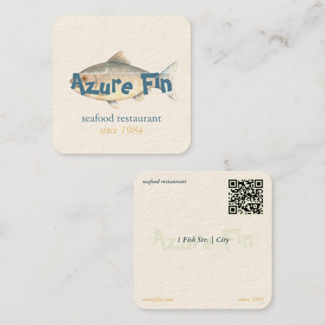 Carte De Visite Carré Logo du restaurant de poisson Azure Fin élégant (Devant / Derrière)