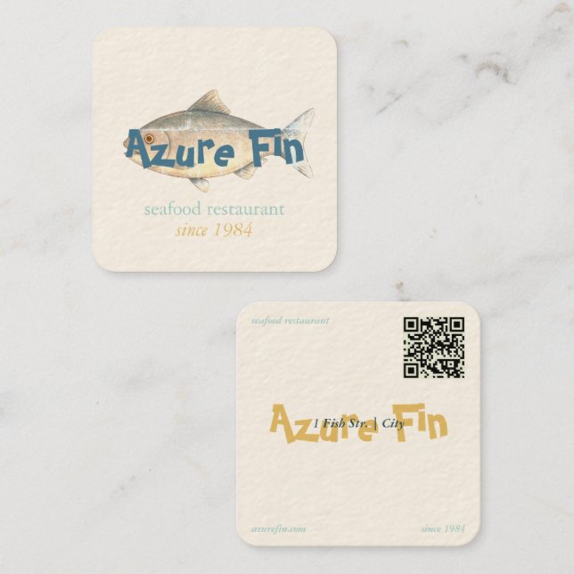 Carte De Visite Carré Logo du restaurant de poisson Azure Fin élégant (Devant / Derrière)