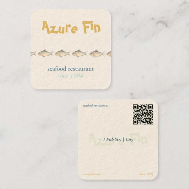 Carte De Visite Carré Logo du restaurant de poisson Azure Fin élégant (Devant / Derrière)