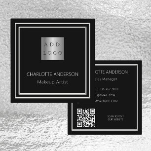Carte De Visite Carré Logo élégant en argent noir code QR