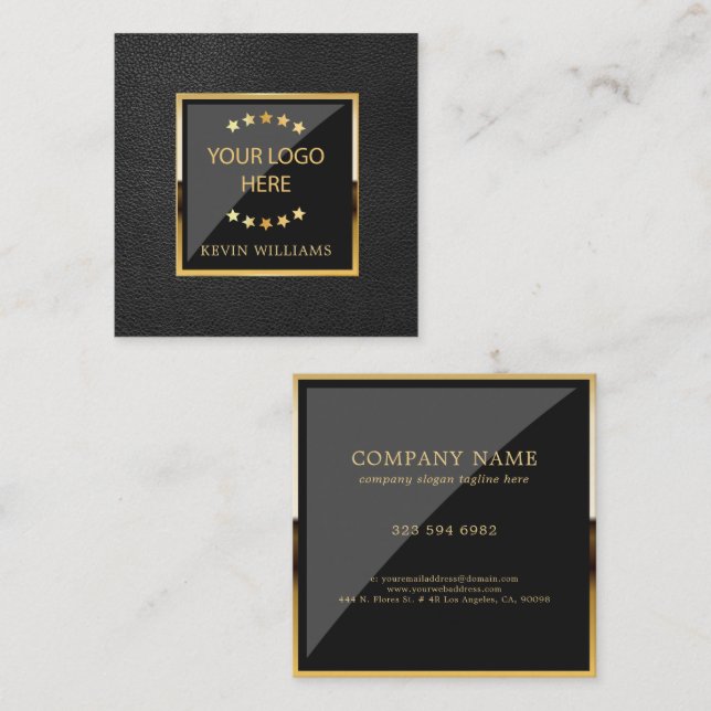 Carte De Visite Carré Logo en cuir noir de luxe Faux Business (Devant / Derrière)