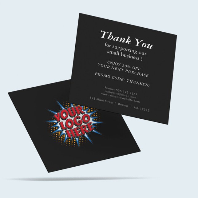 Carte De Visite Carré Logo et code remise personnalisé noir (Créateur téléchargé)