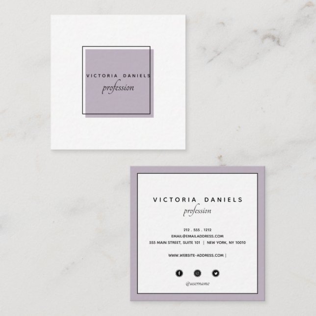 Carte De Visite Carré Logo féminin | Lavande | icônes de médias sociaux (Devant / Derrière)