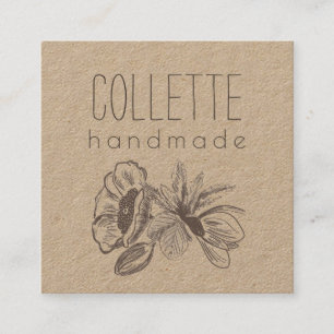 Carte De Visite Carré Logo Fleur artisanal Kraft Carré Business
