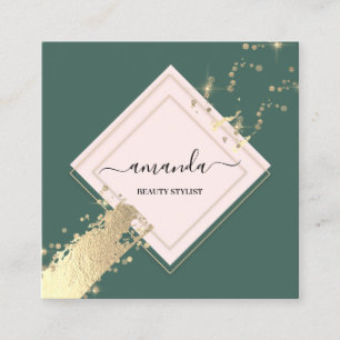 Carte De Visite Carré Logo Gold Green Stroke Rose Frame Professionnel