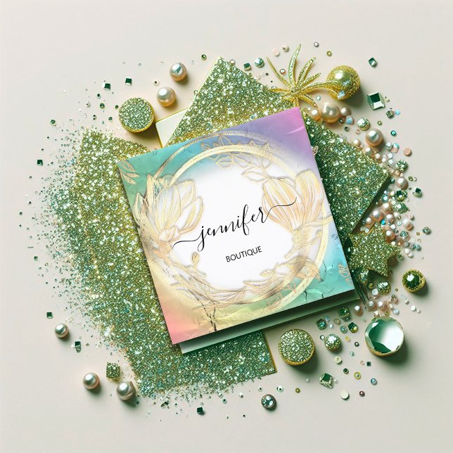 Carte De Visite Carré Logo Holographe Meraid Gold Floral QRCode (Holograph Meraid Gold Floral QRCode Logo Square Business Card)