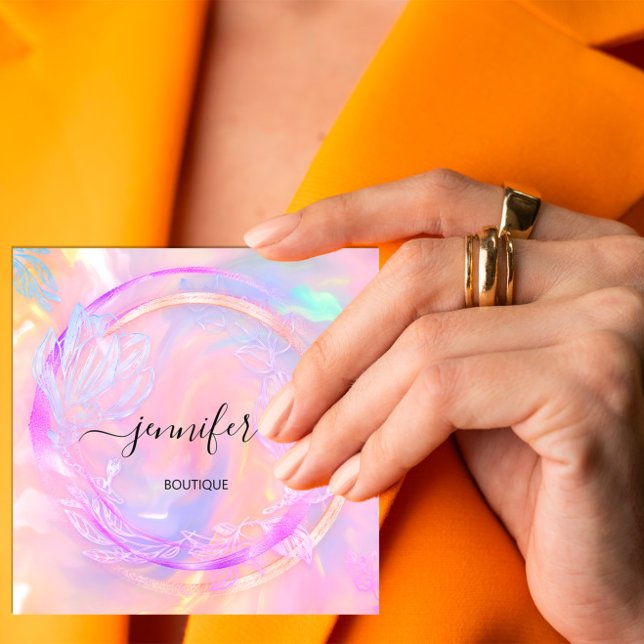 Carte De Visite Carré Logo Holographique Floral QR Code professionnel (Professional Holographic Floral QR Code Logo Square Business Card)