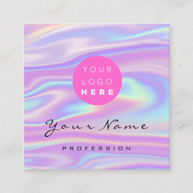 Carte De Visite Carré Logo maquillage ongle floral Holographe rose (Devant)