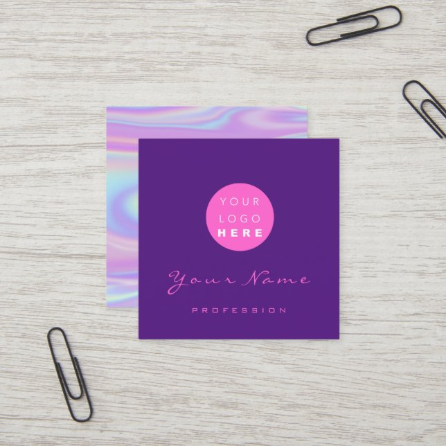Carte De Visite Carré Logo Maquillage ongle floral Holographe violet (Devant/Arrière en situation)