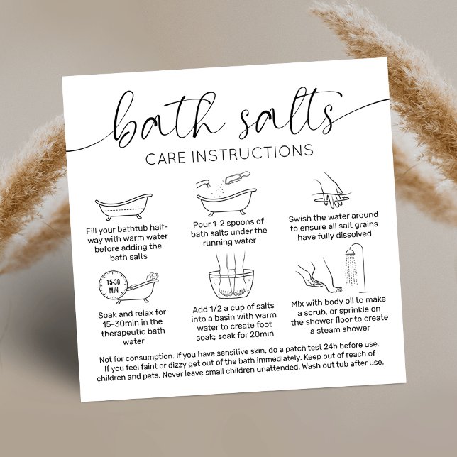 Carte De Visite Carré Logo minimal Élégant Instructions de soins des sel (Bath salts care instructions cards with icons and safety information on how to use bath soak)