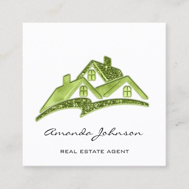 Carte De Visite Carré Logo Personnalisé Agent Immobilier Maison Vert Bla (Devant)