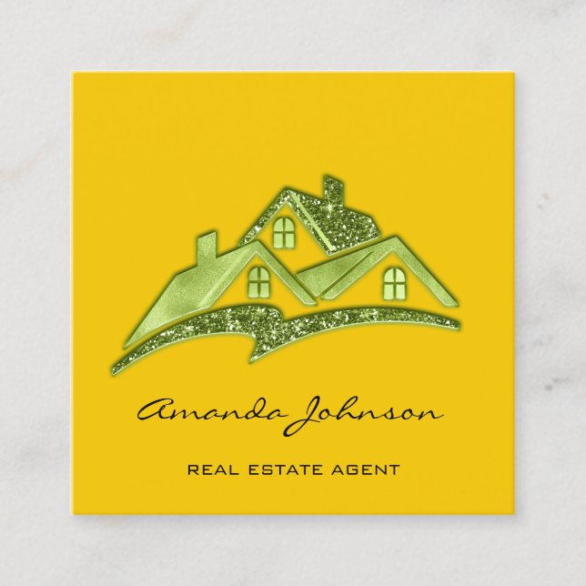 Carte De Visite Carré Logo Personnalisé Agent Immobilier Maison Vert Jau (Devant)
