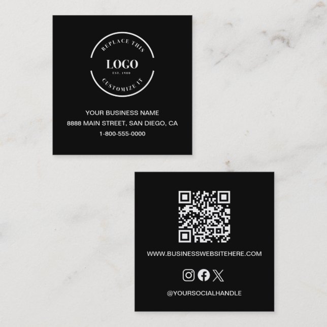 Carte De Visite Carré Logo personnalisé Code QR Site Web icônes sociales (Devant / Derrière)