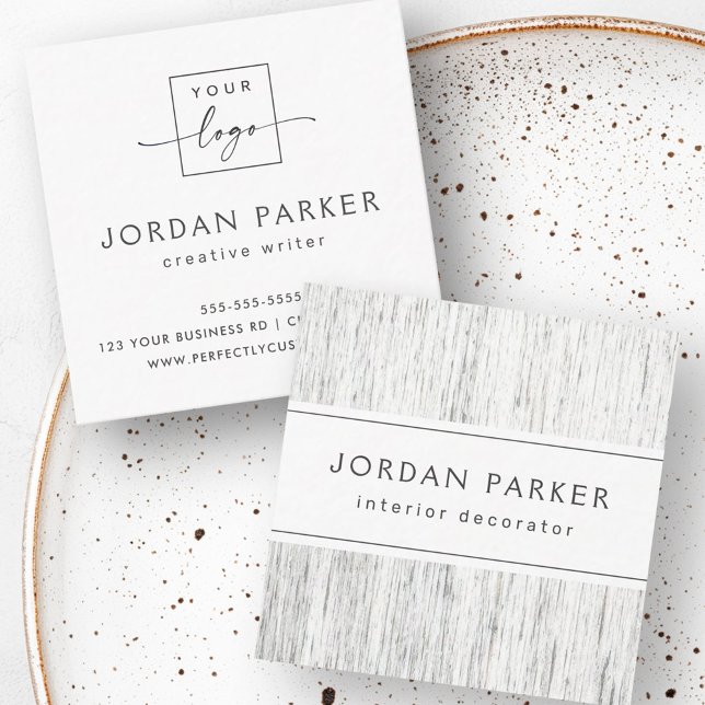 Carte De Visite Carré Logo personnalisé en bois gris clair élégant (Light gray wood custom logo elegant square business card)