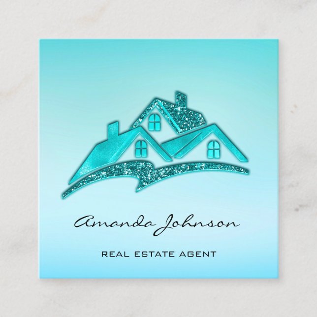 Carte De Visite Carré Logo Personnalisé Maison Agent Immobilier Home Blu (Devant)