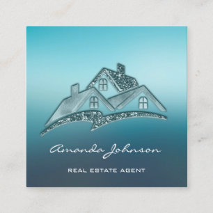 Carte De Visite Carré Logo Personnalisé Maison Agent Immobilier Home Blu