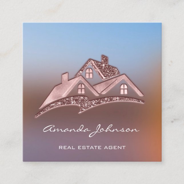 Carte De Visite Carré Logo Personnalisé Maison Agent Immobilier Rose d'o (Devant)