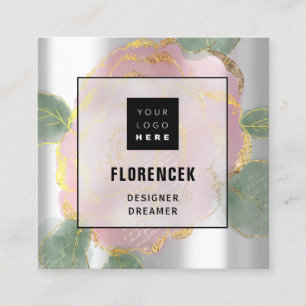 Carte De Visite Carré Logo personnalisé QR CODE Feuilles Roses en argent
