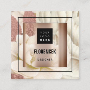 Carte De Visite Carré Logo personnalisé QR CODE Rose Gold Frame Floral I