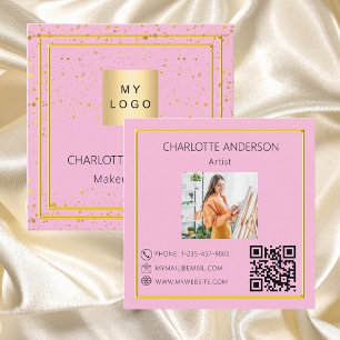 Carte De Visite Carré Logo photo en or rose code QR