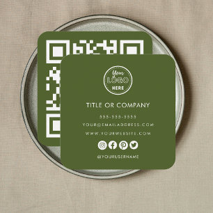 Carte De Visite Carré Logo professionnel minimaliste Qr Code Moss Green