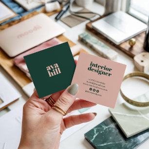 Carte De Visite Carré Logo professionnel vert et rose minimaliste modern