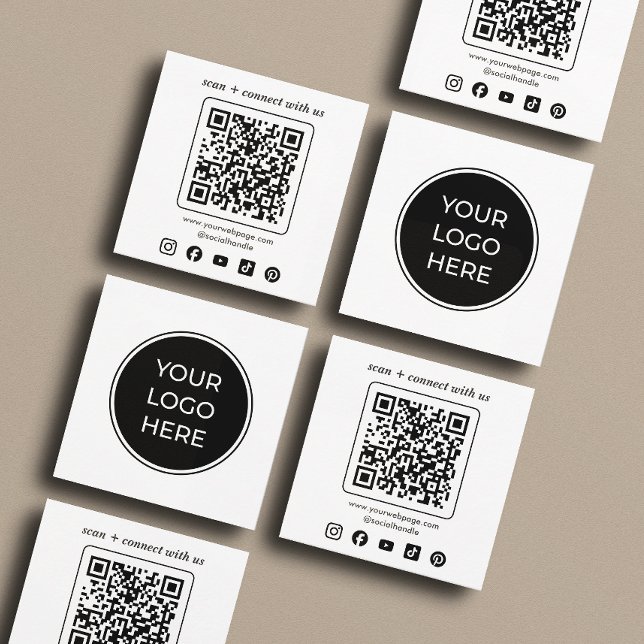 Carte De Visite Carré Logo QR Code Carré personnalisé des médias sociaux (Front and back of 2.5 inch square business card. Choose a corner and paper style.)