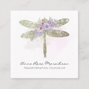Carte De Visite Carré *~* LOGO QR Floral Aquarelle verte libellule