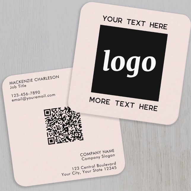Carte De Visite Carré Logo simple et texte QR Code bleu rose (Logo QR code with custom text blush pink professional business card)