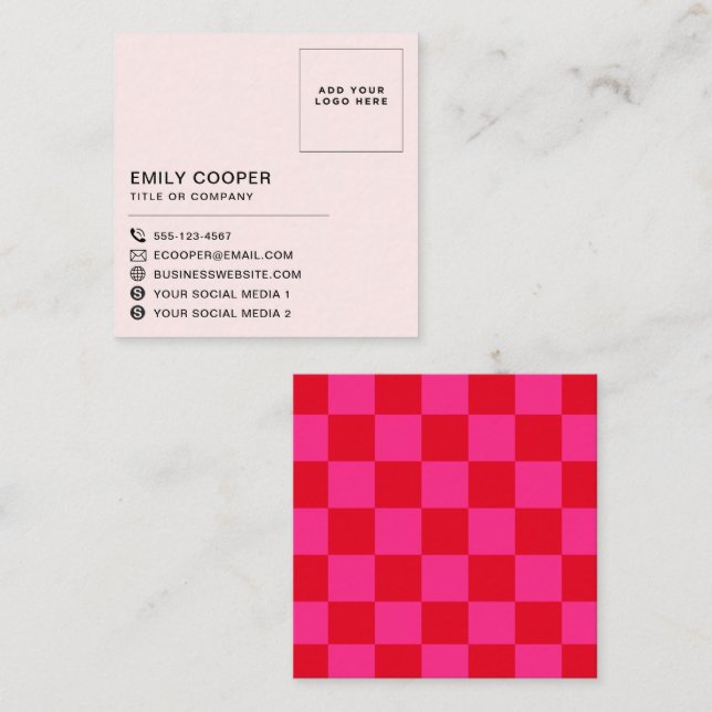 Carte De Visite Carré Logo simple moderne en damier rouge rose (Devant / Derrière)