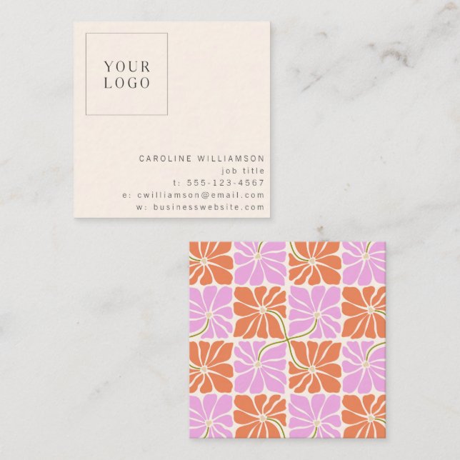Carte De Visite Carré Logo super rétro rose rose floral (Devant / Derrière)