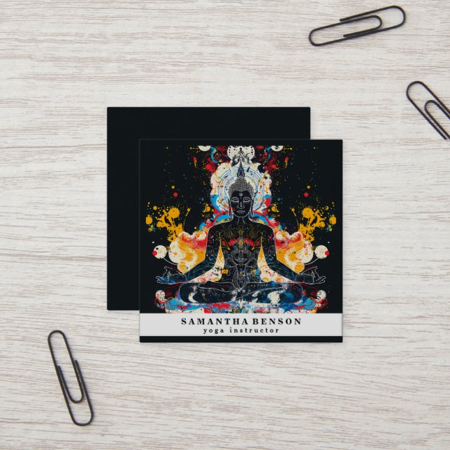 Carte De Visite Carré Lotus Fleur Logo Yoga (Devant/Arrière en situation)