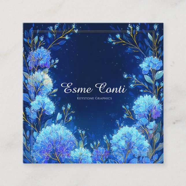 Carte De Visite Carré Luminous Blue Floral Gold Celestial Frame Midnight (Devant)
