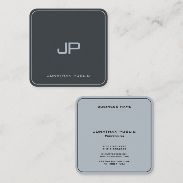 Carte De Visite Carré Luxe Anthracite Gris Elégant Monogramme Argent (Devant / Derrière)