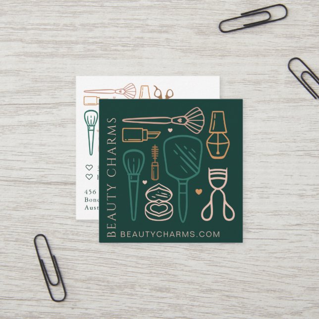 Carte De Visite Carré Luxe Beauté Charms Maquillage Outils Emerald Green (Devant/Arrière en situation)