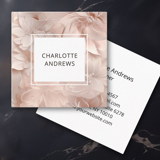 Carte De Visite Carré Luxe, Beige-Blanc, Fleur, Salon (Luxury, Blush-Beige, Flower, Salon Square Business Card)