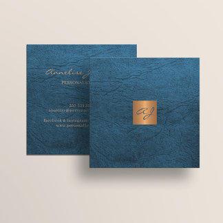 Carte De Visite Carré Luxe élégant cuir bleu cuivre or monogramme