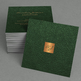 Carte De Visite Carré Luxe élégant cuir vert en cuivre or monogramme