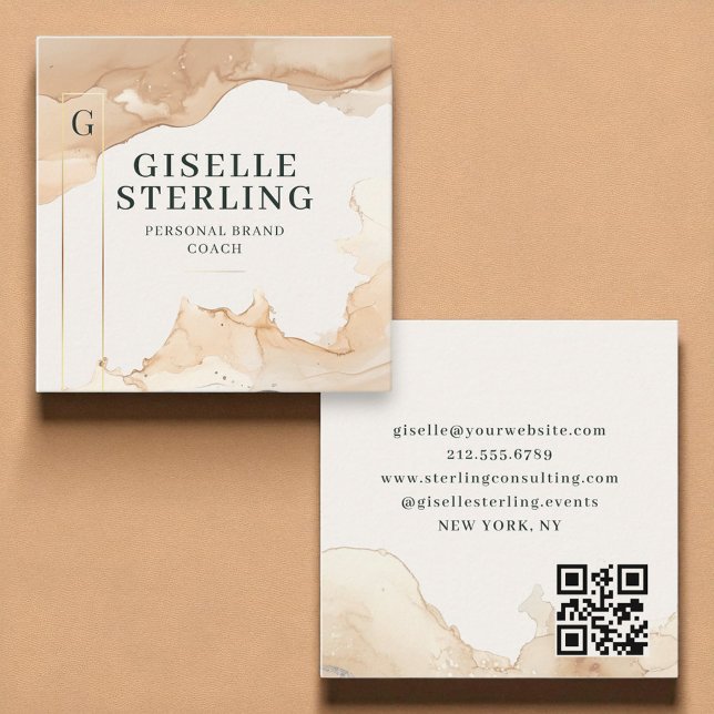 Carte De Visite Carré Luxe QR Code Aquarelle Beige Or Foil (Créateur téléchargé)