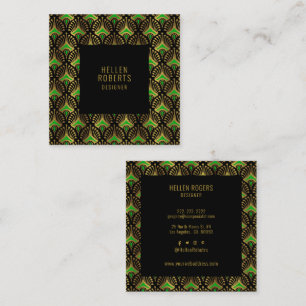 Carte De Visite Carré Luxe vert et or Art Déco Motif