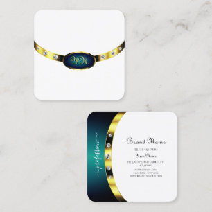 Carte De Visite Carré Luxueux Blanc Bleu Or Turquoise Gradient Monogramm